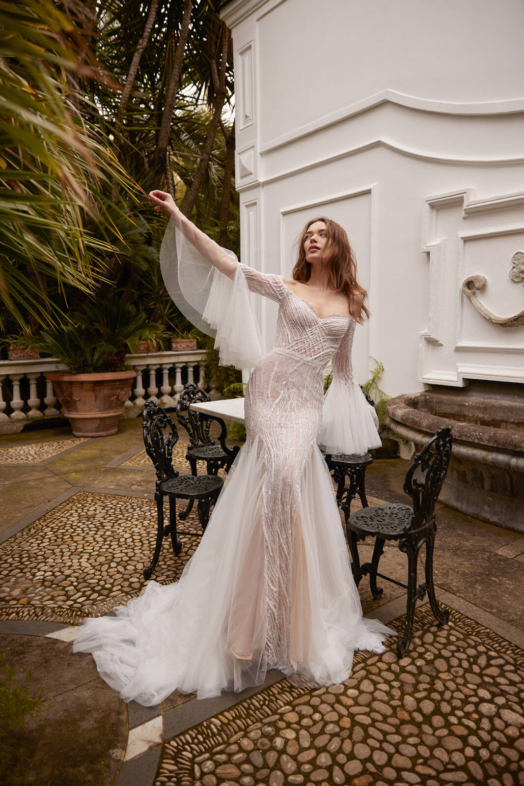 Blonde, Long Sleeve Mermaid Deep V Neckline Wedding Gown - Iconic